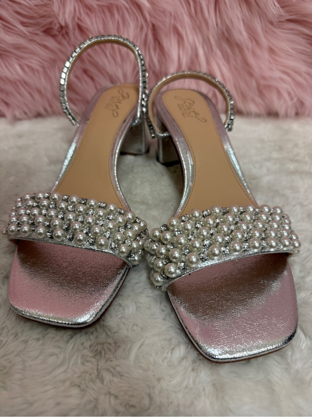 Badgley Mischka Pink Silver Pearl-Embellished Block Heel Sandals - Picture 2 of 4